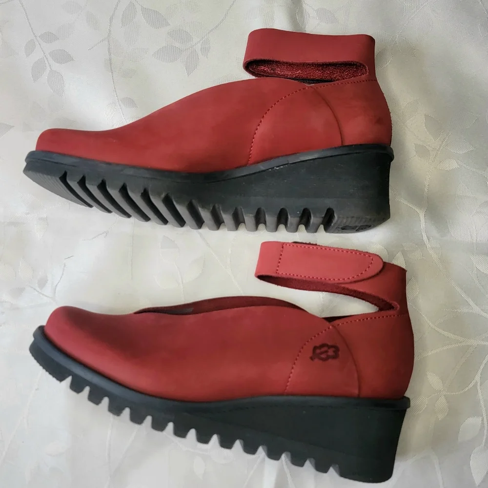 Loints‎ Of Holland Dark Red Leather Ankle Strap Comfort Wedge Shoes Size 7.5